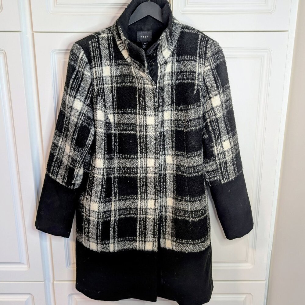 Tribal Black White Plaid Wool-Blend Pea Coat M Minimalist Polished Classic EUC